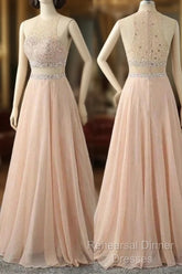 A Line Sleeveless Rhinestone Chiffon Long Semi Formal Prom Dress Floor Length Sparkly